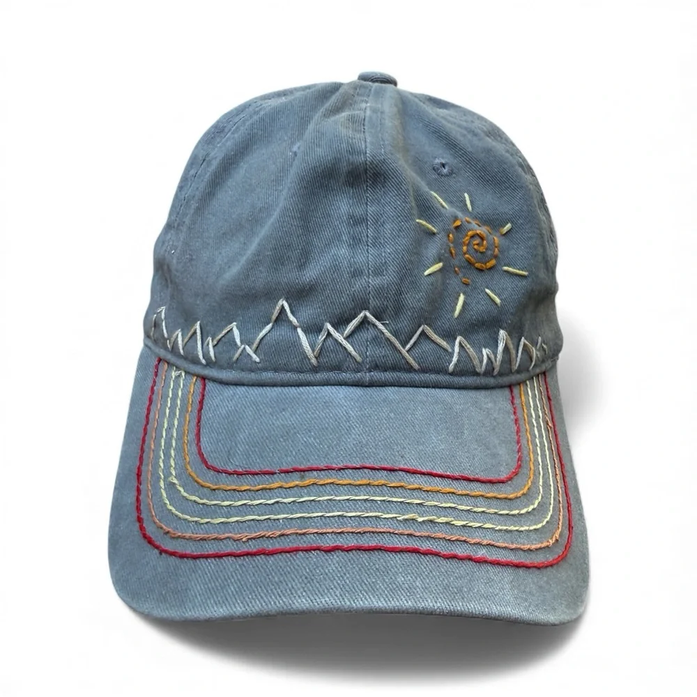 Boho Embroidered Strapback Cap Artsy artisan Nature Moiuntain Sun design